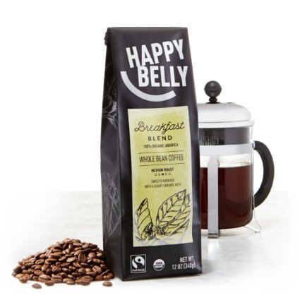 Happy Belly Breakfast Blend Organic Fairtrade Coffee, Medium Roast, Whole Bean, 12 ounce