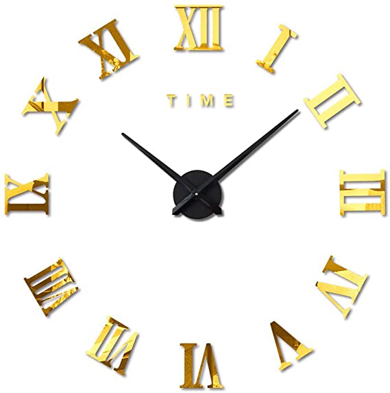 FAS1 Modern DIY Large Wall Clock Big Watch Decal 3D Stickers Roman Numerals Wall Clock Home Office Removable Decoration for Living Room - Gold (Battery NOT Included)