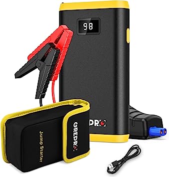 GREPRO Jump Starter Power Pack, Car Battery Booster Jump Starter and Jump Pack for 12V Vehicles, Motorcycle, Car Jump Starter with LCD Screen and LED Flashlight for up to 4.5L Gas, 2.5L Diesel Yellow