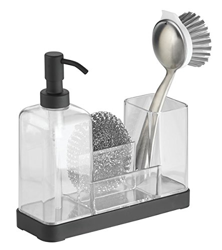 mDesign Kitchen Soap Dispenser Pump, Sponge, Scrubby and Dish Brush Caddy Organizer - Clear/Matte Black