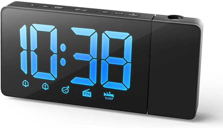 Wikomo Projection Alarm Clock, 15 FM Radio Alarm Clock, 5'' Large Curved LED Display, 6 Dimmer, Dual Alarm with 2 Alarm Sounds, Digital Clock for Bedrooms Ceiling, Snooze (Blue)…