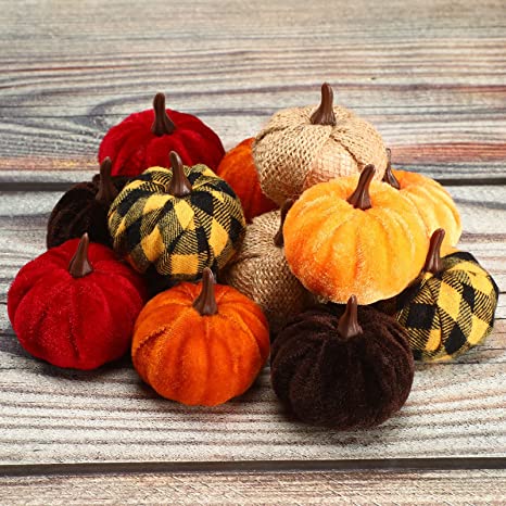 Tatuo 12 Pieces Plaid Fabric Artificial Pumpkins Festival Burlap Pumpkins Halloween Burlap Pumpkins for Fall Wedding Thanksgiving Halloween Decoration (1.37 x 2 Inch)