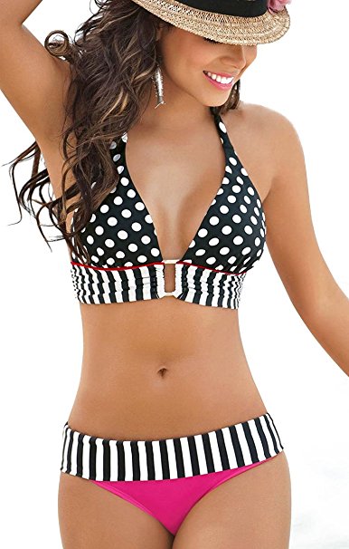 Niveltm Sexy Boho 2pcs Bikini Set Polka Dots Striped Halterneck Swimwear