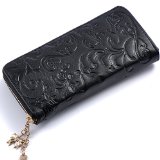 Womens leather wallet Eilen Morning Glory pattern Genuine Leather Purse Case Long Organizer Wallet Zippered Around Clutch  Mobile phone Pouch Case bag for Samsung galaxy S6 Samsung galaxy S5Samsung Galaxy Note4Note 3 iPhone 6 plus 55 inch iPhone 6 47inch HTC one M7M8M9 Black