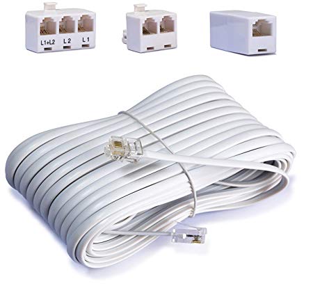 Telephone Cord Accessory Kit for Landline Phone Jack Kit, Includes; Telephone Extension Cord, Duplex Wall Jack Adapter and Splitter, Cable Coupler Connector. (4-Pack)