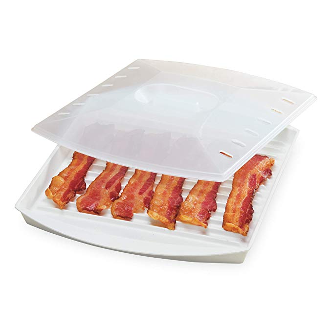 Prep Solutions by Progressive Microwave Large Bacon Grill with Vented Cover, 4-6 Strips of Bacon, Cook Frozen Snacks, Measures 12"L x 10"W x 2.25"H