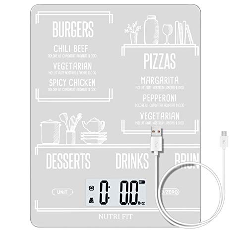 Rechargeable Digital Kitchen Scale Multifunction Food Scale with Dough Scraper by NUTRI FIT, Portable and Tare Function, 11lb/5kg Baking & Cooking Scale, White