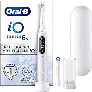 Oral-B iO 6N Brosse À Dents Électrique Blanche connectée Bluetooth, 2 Brossettes, 1 Étui De Voyage & iO Gentle Care Brossettes de Recharge pour Brosse à Dents Électrique, Pack de 2