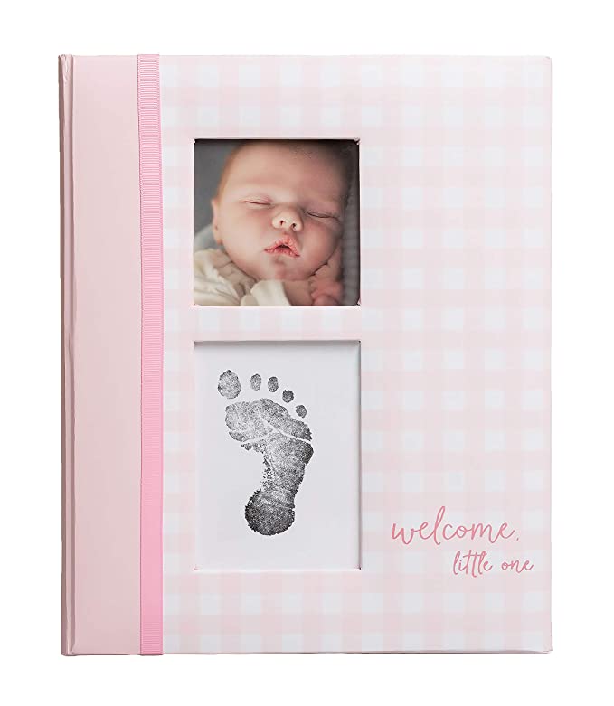 Pearhead Gingham Baby Memory Book and Clean-Touch Ink Pad, Baby Girl Gift, Baby Milestones Photo Album, Pink