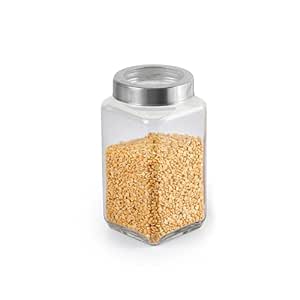 CELLO Qube Fresh Glass Storage Jar | Container with Air tight Silver Metal Lid | Multipurpose Jar | For Storage of Food, Pulses, Spice, Cereals, Cookies, Dry Food | 1000ml, Clear