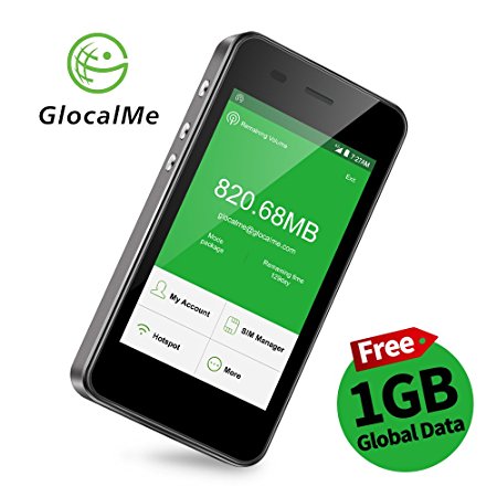 GlocalMe G3 4G LTE Mobile Hotspot, [Upgraded Version] Worldwide High Speed WIFI Hotspot with 1GB Global Initial Data, No SIM Card Roaming Charges International Pocket WIFI Hotspot MIFI Device (Black)