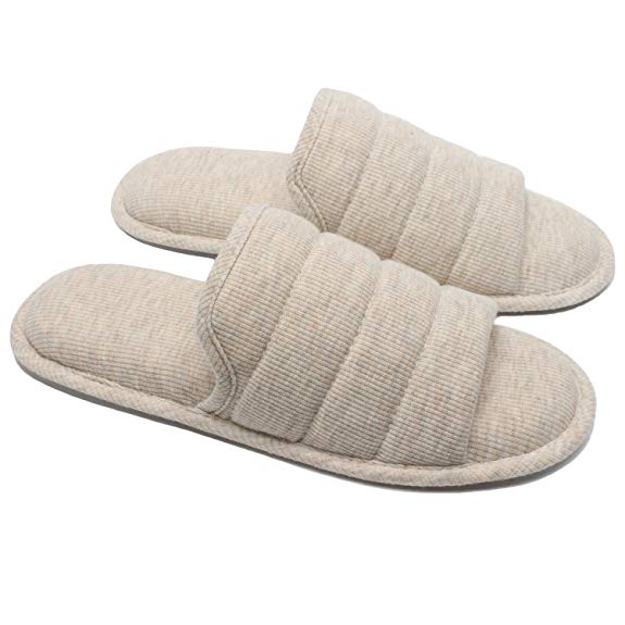 Ofoot Men's Knitted Breathable Cotton Slip on Flat Slippers for Men Open Toe Soft Memory Foam Indoor Sandals