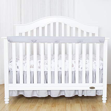 TILLYOU 1-Pack Padded Baby Crib Rail Cover Protector Safe Teething Guard Wrap for Long Front Crib Rails(Measuring Up to 8" Around), 100% Silky Soft Microfiber Polyester, Reversible, White/Pale Gray