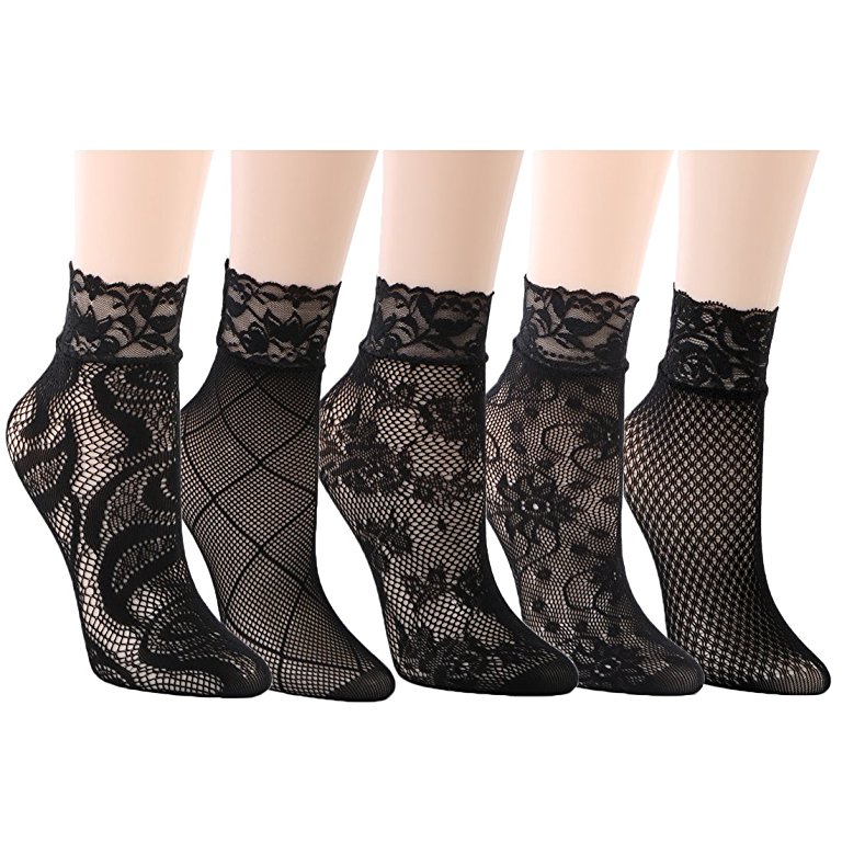 kilofly 5 Pairs Women Ultra Thin Short Ankle Socks Fishnet Lace Liner Stockings