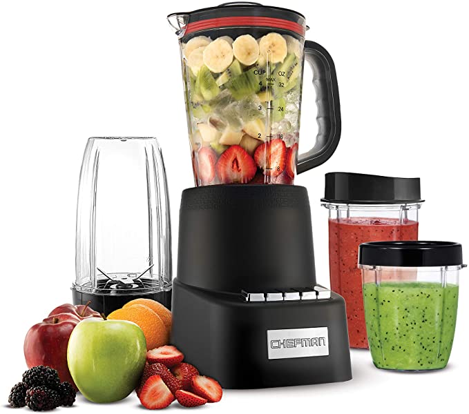 Chefman Countertop   Travel Dynamic Blending System, 12-Piece Set, 3 Programmed Speeds & Pulse, Easy Ice Crushing for Shakes & Smoothies, Dishwasher-Safe 32-Oz Pitcher, 12-Oz & 2 24-Oz Tumblers, Black