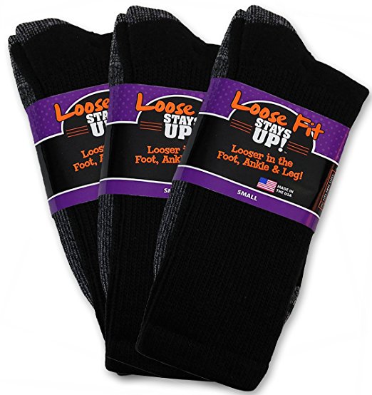 Loose Fit Stays Up Men's and Women's Casual Crew Socks 3 Pack Made in USA! Cushioned Sole For Added Comfort.