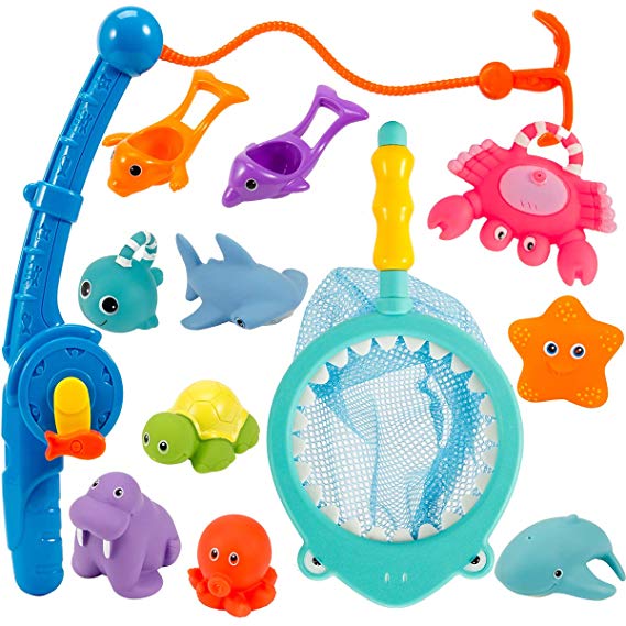 Biubee 12 Pcs Bath Fishing Game Toys for Baby and Toddlers - Fun Bathtime Squirting Floating Color-Changing Fishing Toys with Pole and Net for Kids Interactive Fishing Game in Bathtub