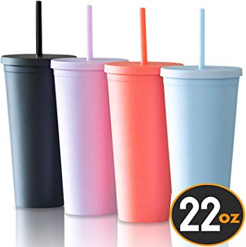 Tumblers with Lids (4 pack) 22oz Colored Acrylic Reusable Cups with Lids and Straws | Double Wall Matte Plastic Bulk Tumblers With FREE Straw Cleaner! Vinyl DIY Gifts