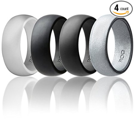 Silicone Wedding Ring For Men By ROQ Affordable Silicone Rubber Band, 4 Pack & Singles - Camo, Metal Look Silver, Black, Grey, Light Grey