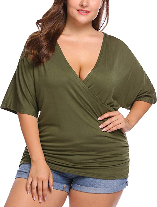 IN'VOLAND Womens Plus Size Tops V Neck Wrap Short Sleeve Shirts Casual Loose Dolman Top Tunic Blouses