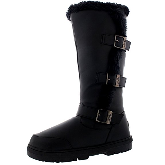 Womens Tall Three Buckle Fur Lined Waterproof Winter Rain Snow Boots Inside Zip