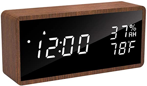 Digital Alarm Clock for Bedrooms, LED Display Desk Clock, Time Temperature Humidity, 3 Sets of Alarms, LED Sound Wake Up Function