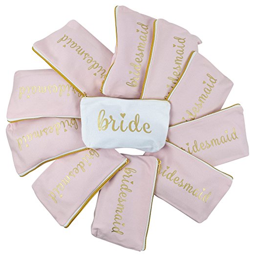 Pink Bridesmaid and Bride Canvas Gold Foil Makeup Bags for Bachelorette Parties, Weddings and Bridal Showers (11 Piece Set)