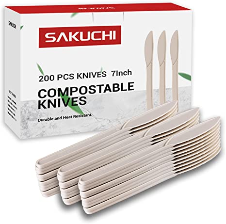 Compostable Knives,200PCS Corn Plant Based Disposable Knives, Plastic Knife Disposable Utensils Heavy Duty for Party Supply Camping BBQ Wedding Outdoor Activities