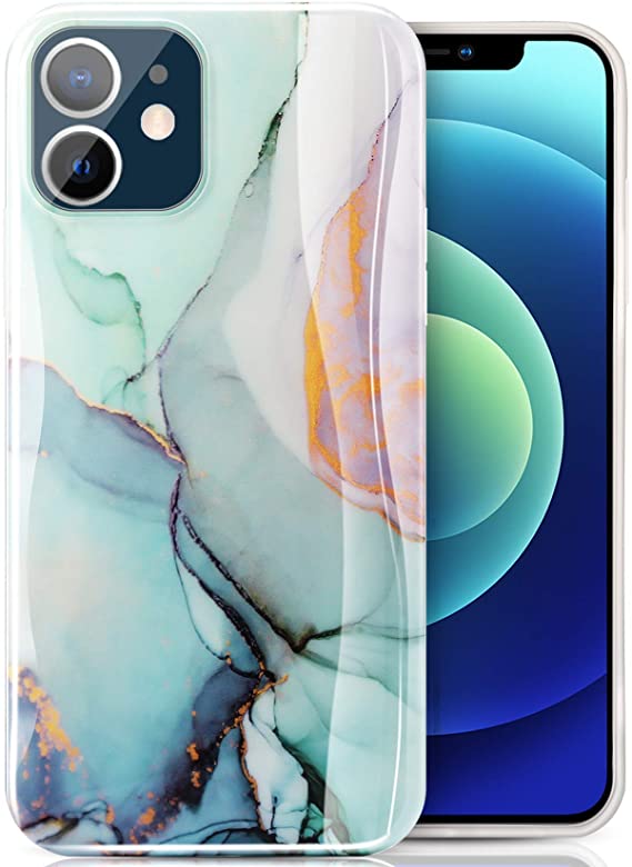 ivencase Marble iPhone 12 Case, iPhone 12 Pro Case, Gold Sparkle Ultra Slim Thin Glossy Soft TPU Rubber Gel Phone Case Cover Compatible iPhone 12/12 Pro 6.1 Inch (Mint Green)