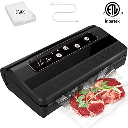 Mooka 96kPa Vacuum Sealer with Built-in Cutter, 10 Sealing Bags (FDA-Certified), 16Liter/min, Fresh UP to 7X Longer, Dry & Moist Modes, with Up to 60 Consecutive Seals, High-Temperature Resistant