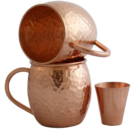 Set of 2 Pure Copper Mugs with Copper Shot Glass - Two 16 Oz Copper Moscow Mule Mug - Solid Copper Hammered Barrel Mugs - Copper Cups with No Inner Lining