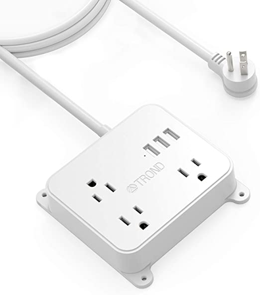 TROND Flat Plug Power Bar with 3 USB Ports, 10 Feet Long Extension Cord Indoor, Wall Mount USB Power Strip with 3 Widely Spaced Outlets, Small Desk Charging Station for Home, Office, Dorm Essentials, White