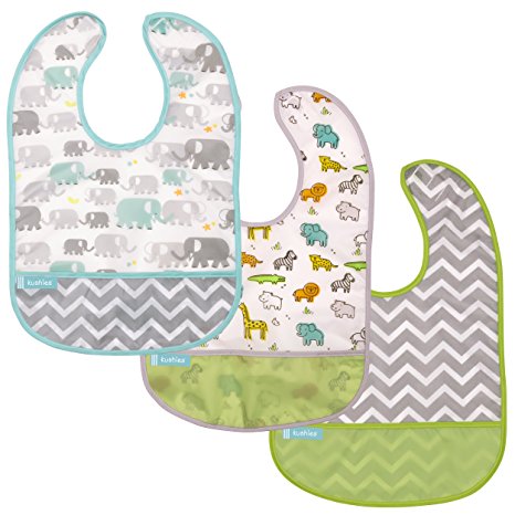 Kushies Cleanbib Waterproof Bib, 3-Pack, 6-12 Months, White Little Safari / Elephant / Green Chevron