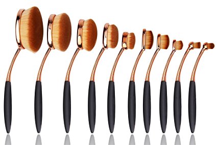 BeautyKate Set of 10 pcs Multifunction Oval Toothbrush Makup Brushes set (Rose-golden Black Brush Handle)
