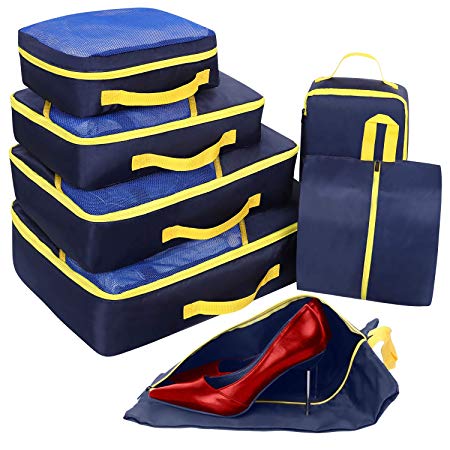 Packing Cubes Set 7Pcs, Faxsthy Travel Organizers, Mesh Travel Luggage Packing Organizers with 2 Various Sizes Shoe Bags
