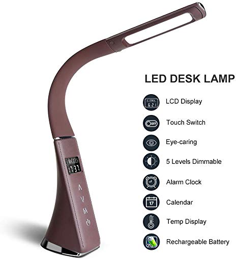 Rechargeable LED Desk Lamp Flexible, Eye-Caring Table Lamp, CFGROW Dimmable Touch Control Office Study Light with Calendar Thermometer Time & Alarm Clock for Reading Working, Battery Powered