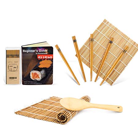 Bamboo Sushi Mat, Beginner Sushi Rolling Mat, Carbonized Sushi Making Kit for Mold-Resistant, Includes 2 Rolling Mats - 5 Pairs Chopsticks - Spreader - Beginner's Guide (PDF), Roll on!