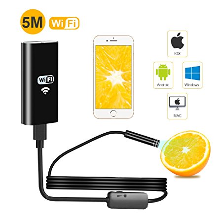 Wireless Endoscope，WiFi Borescope Inspection Camera 2.0MP HD Waterproof Snake Camera Video Inspection Camera for IOS&Andriod Smartphone,Iphone, Samsung,Ipad, Tablet -Black(5 Meters)