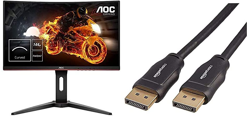 AOC C24G1 24" Curved VA LED FHD (1920x1080) FreeSync 144Hz Height Adjustable Gaming Monitor. (VGA, HDMI X 2, Displayport) - Black & AmazonBasics DisplayPort to DisplayPort Cable - 6 Feet