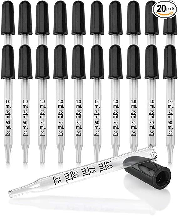 Glass Medicine Dropper - Bulk Pack of 20, Straight-Tip Calibrated 1 ml Capacity Black Rubber Head Pipette Droppers With Highly-Functional Suction that Hold Fluids Medicines and Essential Oils