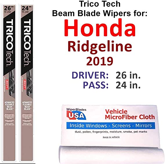 Beam Wiper Blades for 2019 Honda Ridgeline Set Trico Tech Beam Blades Wipers Set Bundled with MicroFiber Interior Car Cloth