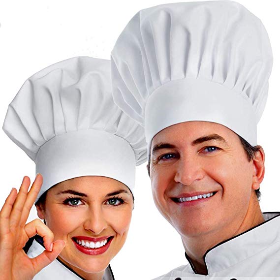 Chef Hat, 2PCS Adult Premium Adjustable Elastic Baker Kitchen Cooking Chef Cap, White