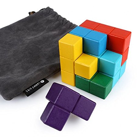 SainSmart Jr. 7 Bricks Sparkle Color Soma Wood Tetris Cube, Come with Carry Bag, Toy for Fostering S.T.E.M. Skills