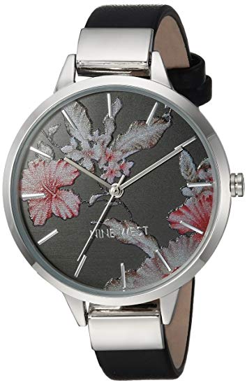 Nine West Women's  Silver-Tone and Black Strap Watch