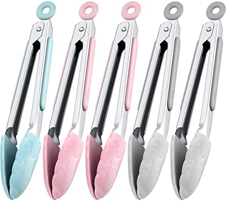 Mudder 7 Inch Silicone Tongs Mini Kitchen Tongs with Silicone Tips Small Serving Tongs Stainless Steel Cooking Tongs for Salad, Grilling, Frying and Cooking (Pink, Blue, Gray, 5)