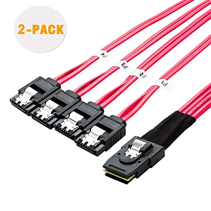 CableCreation 2-Pack Mini SAS 36Pin (SFF-8087) Male to 4 SATA 7Pin female Cable, Mini SAS Host/Controller to 4 SATA Target/Backplane, Red Color 0.5M