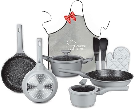 Chef's Star Nonstick Pots and Pans Set, Aluminum Kitchen Cookware Set with Silicone Handle, Nonstick Frying Pans, Cooking Essentials, Includes Oven Gloves and Apron, (Gray)