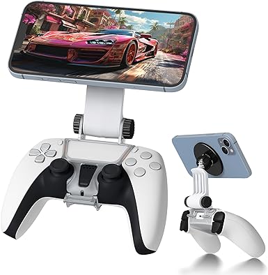 Orzero Magnetic Controller Phone Mount Clip Compatible for PS5 Dualsense Controller, Adjustable Mag-Safe Holder Accessories for iPhone and Android Phones Remote Stream Gaming - Black