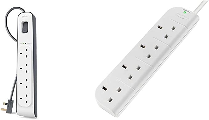 Belkin BSV400af2M 4 Way/ 4 Plug 2m Surge Protection Extension Lead Strip - White & E-Series 4 Way/ 4 Plug SurgeStrip Surge Protected Extension Lead, 3 m Cable, White