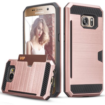 Galaxy S7 Case, TILL(TM) Wallet Case [Card Pocket] Shockproof Dual Protective Shell Rubber Bumper w/ Card Holder Slot Kickstand Case Cover for Samsung Galaxy S7 S VII G930 GS7 All Carrier [Rose Gold]
